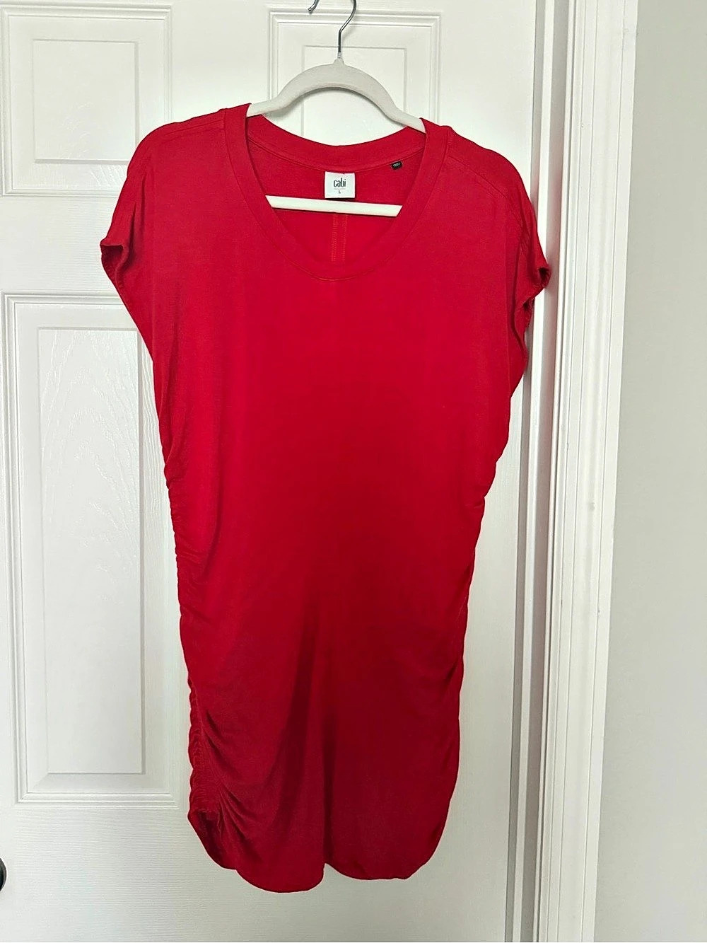 Cabi Whistle Tunic #5616 Red Ruched Mini Dress Top Size Large